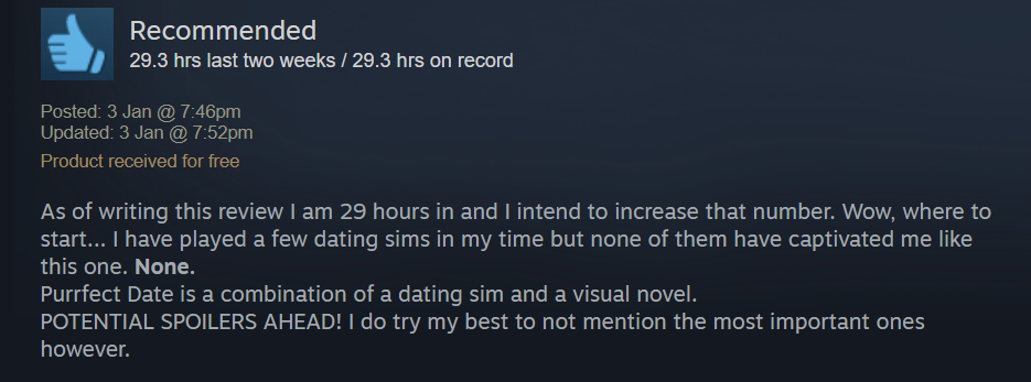 Steam review of purrfect date visual novel dating sim game