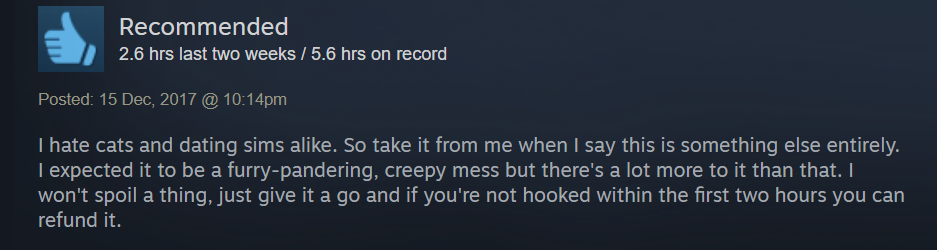 Steam review of purrfect date visual novel dating sim game